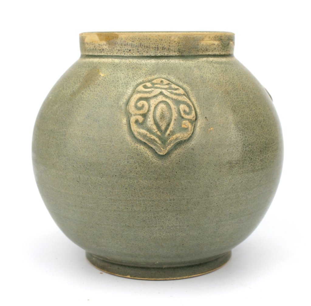 Chinese Round Song Dynasty Yue Yao Jar: A small Yue Yao Jar - Song Dynasty - Dimension 4 3/4" H x 4 3/8"