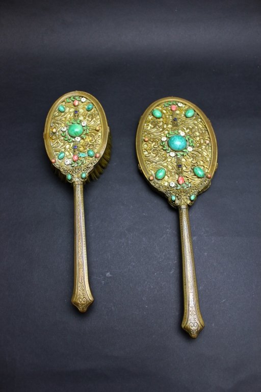 Old Chinese Bronze Brush&Mirror: Old Chinese Bronze Brush&Mirror mount with Jade 10 3/4 x 3 12 x 4"