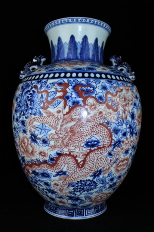 Large Chinese Red Under Blue&White Dragon Vase (1 of 10)
