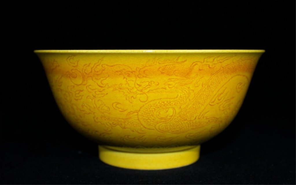Chinese Qing Porcelain Yellow Bowl with under carved: Chinese Qing Porcelain Yellow Bowl with under carved dragon pattern_x000D_ 5 1/2 x 2 5/8"_x000D_ Six Characters at Bottom