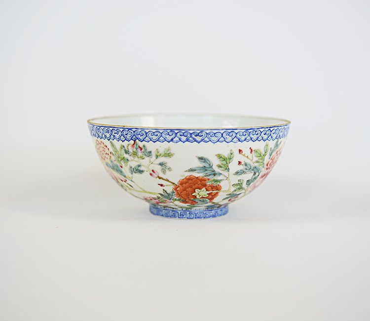 Chinese Republic Eggshell Porcelain Bowl: Chinese Republic Eggshell Porcelain Bowl, with Ruyi Border above painted peonies, on raised foot with Greek key border, the base with over glaze blue Qianlong marks; appx. 5 DIA 2 1/4 H; Provenance: F