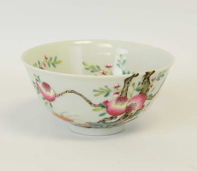 A Chinese Famille Rose Bowl, Xianfeng Mark & Period: Xianfeng Period Famille Rose Bowl, with over glaze painting on the interior and exterior of pomegranate branches with fruit, bearing nine pomegranates in total, surrounded by five orange bats, the bas