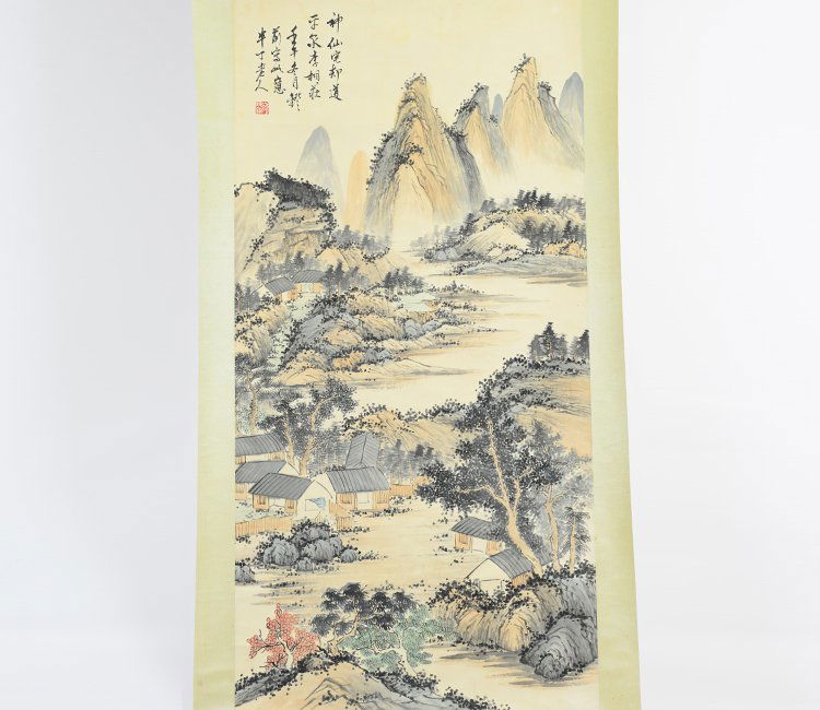 Mountainous Landscape Painting, signed Chen Banding: Mountainous Landscape with Houses' Painting, signed Chen Banding, mounted as hanging scroll; appx. 19 W, 39 H; Provenance: Property of a Washington Collector.