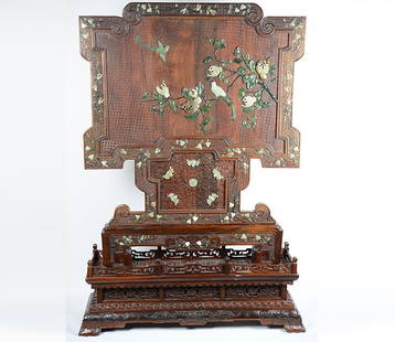 Early 20th Century Chinese Rosewood & Jade Screen: Early 20th Century Chinese Rosewood Screen with Spinach Jade and Nephrite Inlay, the carved wood screen resting on stepped base, the front with floral decoration of inlaid spinach jade and nephrite, t