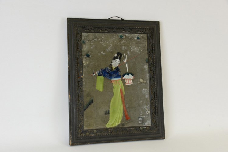 Chinese Painted Glass Mirror: Chinese Painted Glass Mirror, the mirror reverse painted with a woman carrying a basket hung from a pole held over her shoulder, the mirror in a carved frame, appx. 19 3/4 in. H, 15 5/8 in. W.