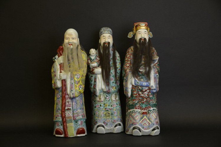 Set of 19th Century Chinese Fu Lu Shou Immortals: Set of 19th Century Chinese Fu Lu Shou Immortals, the porcelain immortals depicted in elaborate famille robes with horse hair beards, the figure of Yang Cheng, associated with the fu star of good fort