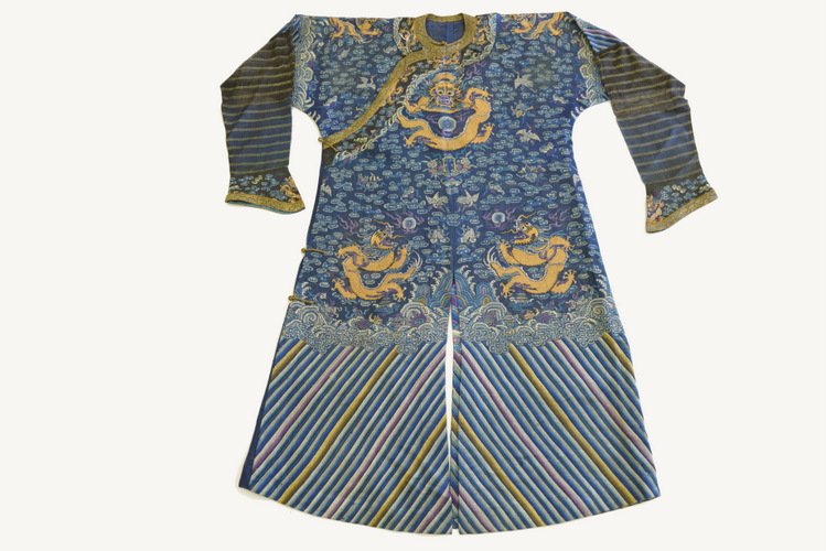 Late Qing Chinese Summer Dragon Robe, Jifu: Late Qing Chinese Summer Dragon Robe, Jifu, of blue silk gauze embroidered in colored silks and couched in gold thread, with nine five clawed dragons chasing flaming pearls amid clouds, cranes and emb