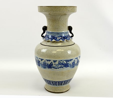 19th Century Chinese Blue and White Ge Type Vase: 19th Century Chinese Blue and White Ge Type Vase, the vase supported on a domed foot and rising to a tall cylindrical neck with wide cup-shaped mouth, the ge ware body ornamented with a protruding blu