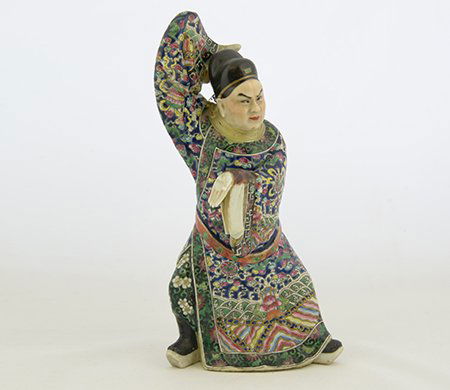 19th C. Chinese Porcelain Statue of an Officer: 19th C. Chinese Porcelain Statue of an Officer, the thickly enameled figure in 'embroidered' robe and officer's hat, the hollow interior with inscribed pendant, the figure restored to the neck, hand a