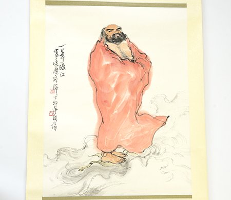 Chinese Painting of Bodhidharma, Mao Guolun: Chinese Painting of Bodhidharma, Mao Guolun (b. 1944), the boldly painted Bodhidharma represented with his characteristic bushy eyebrows and beard and dressed in red robes, the painting with inscripti