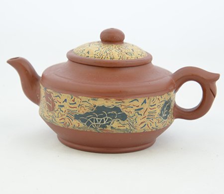 20th C. Chinese Yixing Zisha Clay Teapot: 20th C. Chinese Yixing Zisha Clay Teapot, the small zisha clay teapot with incised and painted bands of mixed clay to the top and body, the base and top with maker's stamp, appx. 3 3/4 in. H, 6 3/4 in