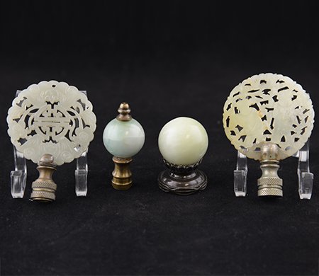 Set of Chinese Jade Finials: Set of Chinese Jade Finials, comprising four finials, including two pierced circular plaques, one with a pair of bats encircling a stylized shou character, the other with a pair of boys, and two jade 