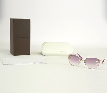 Louis Vuitton Desmayo Aubergine Sunglasses: Louis Vuitton Desmayo Aubergine Sunglasses, the purple lense sunglasses with monogram perforations, in white leather case and original Louis Vuitton box.