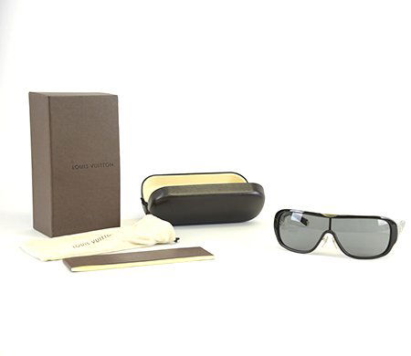 Louis Vuitton Sunglasses with Case & Box: Louis Vuitton Sunglasses with Case & Box, the Iris Mask sunglasses, model Z0369U, with rhinestone embellished LV monograms, the glasses with leather case, soft cloth case, original sliding box and Lou