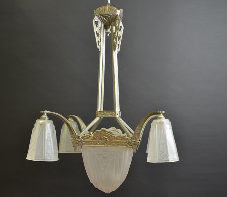 Schneider Art Deco Chandelier: Schneider Art Deco Chandelier, the pressed metal mounts with classic art deco motifs supporting a central and four satellite shades, all of frosted pressed glass, signed Schneider to each shade, the l