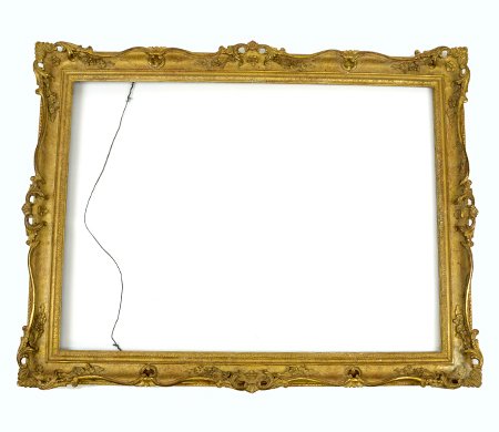 Large Continental Carved and Gilt Frame: Large Continental Carved and Gilt Frame, the frame carved with rococo shell and flower decorations, with wear to gilding and frame, apx. 30 3/4 in. W, 39 3/4 in. H.