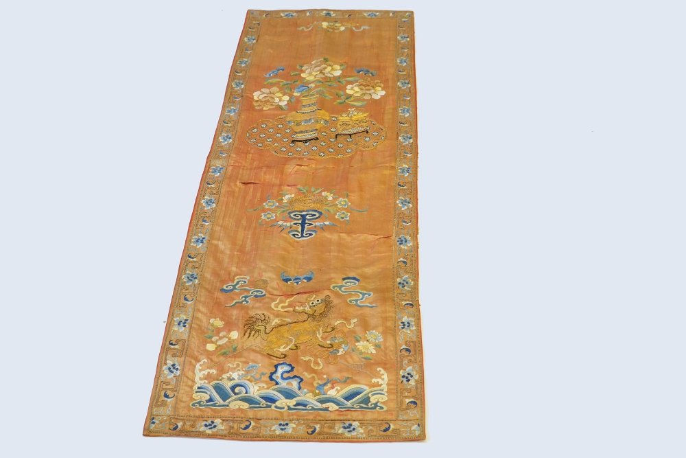 A Chinese Embroidered Silk Panel: A Chinese Embroidered Silk Panel, the panel embroidered in silk and couched in gold thread, with fine tears, sewn through middle, appx. 58 1/4 in. H, 19 in. W.