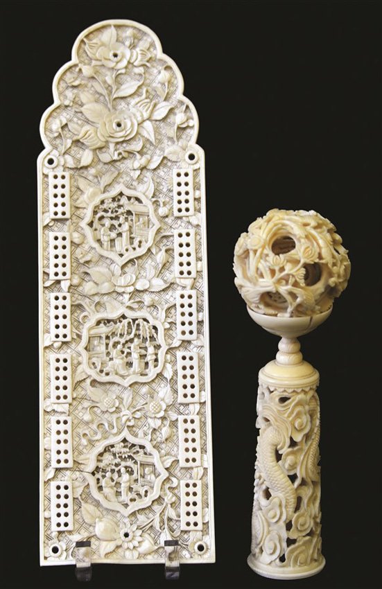 19th C. Chinese Ivory Cribbage Board & Puzzle Ball: 19th C. Chinese Ivory Cribbage Board & Puzzle Ball, the puzzle ball on carved ivory stand, the cribbage board appx. 9 1/2 in. H.