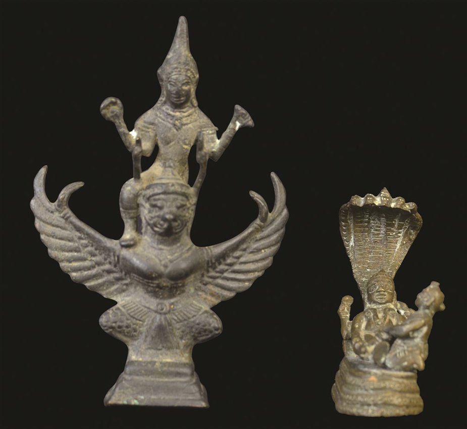A Pair of Thai Bronze Buddhist Statues: A Pair of Thai Bronze Buddhist Statues, one with a figure standing on Garuda's back, the other with two figures on a serpent throne, the largest appx. 6 3/4 in. H, 4 1/2 in. W.