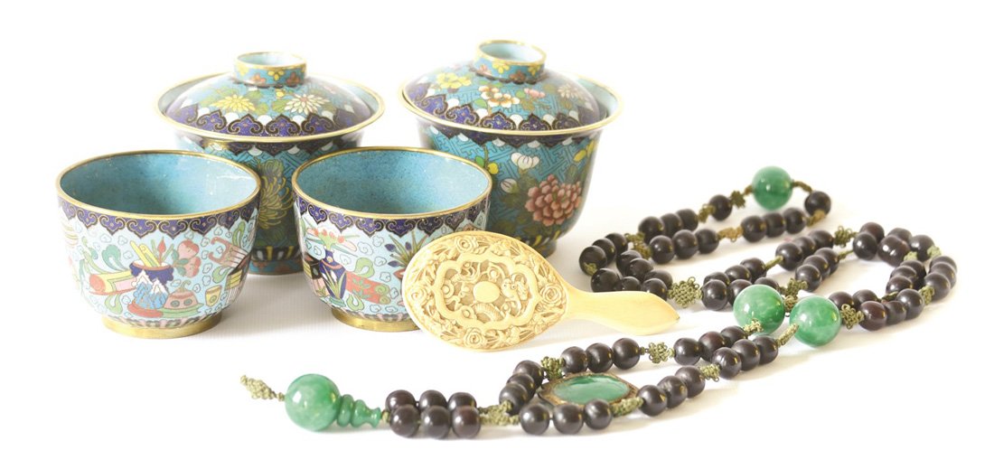 Set of Chinese Decorative Objects: Set of Chinese Decorative Objects, including an ivory mirror, a pair of cloisonné covered rice bowls, a pair of cloisonné cups, and a beaded court necklace, the largest rice bowls appx. 3 1/2 in. H.