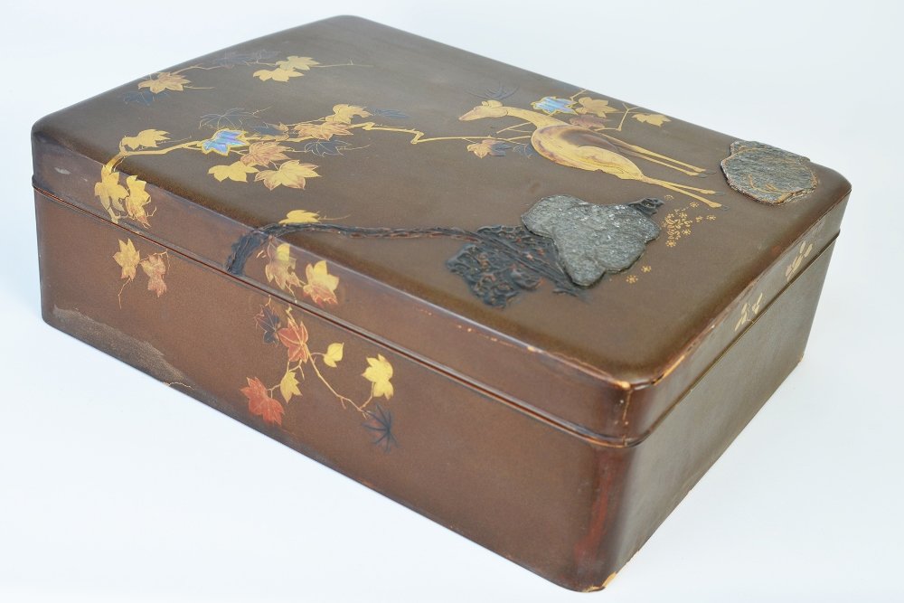 A Japanese Lacquer Box with Deer: A Japanese Lacquer Box with Deer, the matte lacquer exterior decorated in maki-e and takimaki-e, with abalone inlay, to show a deer beneath Maple branches, the interior in nashiji lacquer, the interio