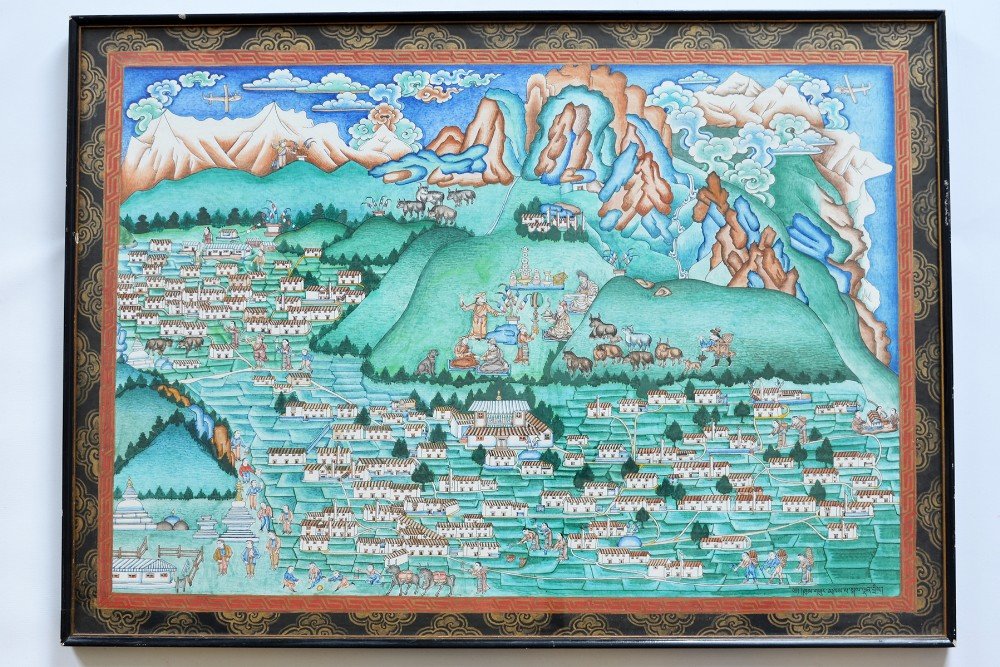 Nepalese Landscape Painting, Khapa Kalden Sherpa: Nepalese Landscape Painting, Khapa Kalden Sherpa, the landscape of the Himalayas and Nemche Bazaar painted by one of Nepal's leading 20th century artists, Khapa Kalden, the painter of the murals at Te