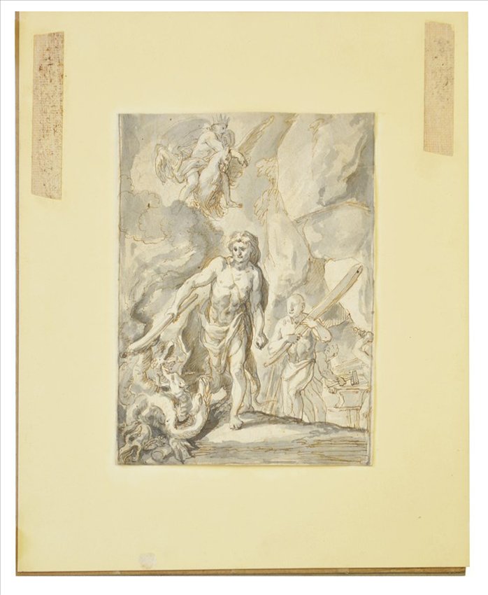 16/17th Century Italian School Drawing: 16/17th Century Venetian Italian School Drawing, ink on paper, in linen matte, the drawing appx. 8 1/2 in. H, 6 7/8 in. W.