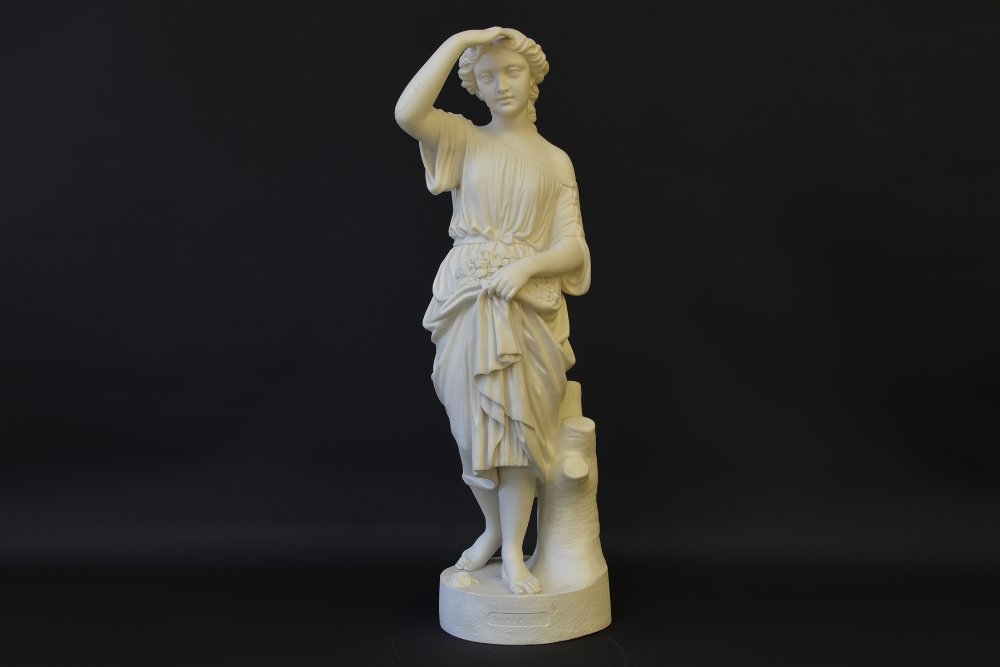 Copeland Parian Figure of Sunshine: Copeland Parian Figure of Sunshine, the allegorical figure of a maiden with one hand shielding her eyes from the sun, the other holding flowers in her skirt, modeled in parian, with marks for Wm. Brod