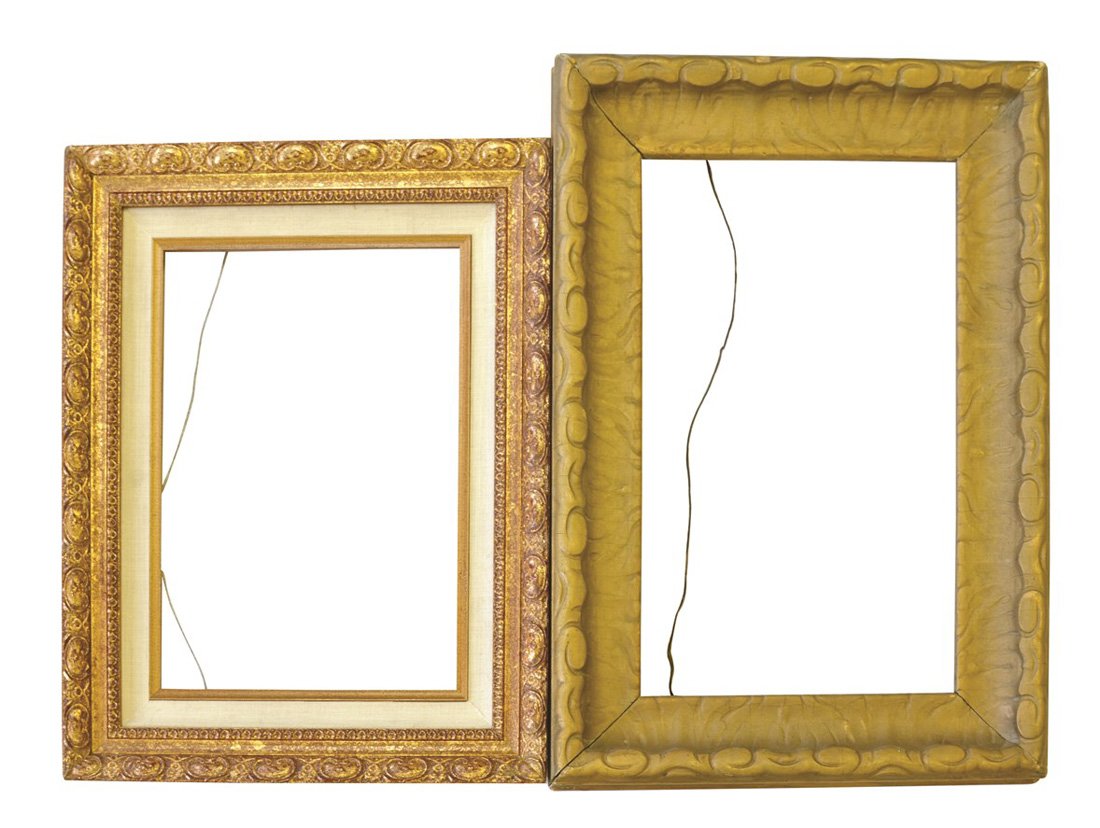 A Pair of Small Italian Gold Picture Frames: A Pair of Small Italian Gold Picture Frames, one with carved gilt frame with c-scrolls and linen matte, the other with carved and painted, the largest appx. 18 3/4 in. W, 12 3/4 in. H.