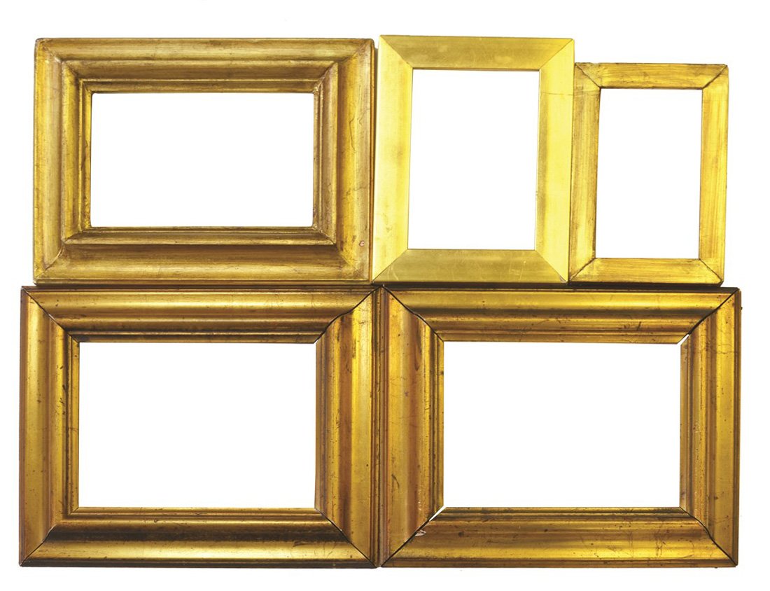 A Set of Five Small Italian Gilt Picture Frames: A Set of Five Small Italian Gilt Picture Frames, including two small uncarved gilt frames, a slightly larger gilt frame, and a pair of gilt frames, appx. 7 1/4 - 11 1/4 in. W, 4 3/4 - 9 1/4 in. H.