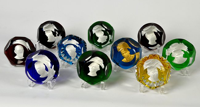 Set of 20th C. Baccarat Cameo Paperweights: A Set of 20th Century Baccarat Cameo Paperweights, including ten sulphide 'cameo' paperweights all with original boxes, paperweights include Andrew Jackson, John F. Kennedy, Martin Luther King Jr., He