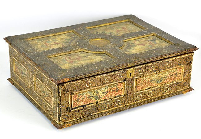 A Continental Painted Wood & Leather Bible Box: A Continental Painted Wood & Leather Bible Box, 19th Century, the box with painted wood panels containing Classical gods separated by a raised leather wrapped borders tooled with monogram bearing inte