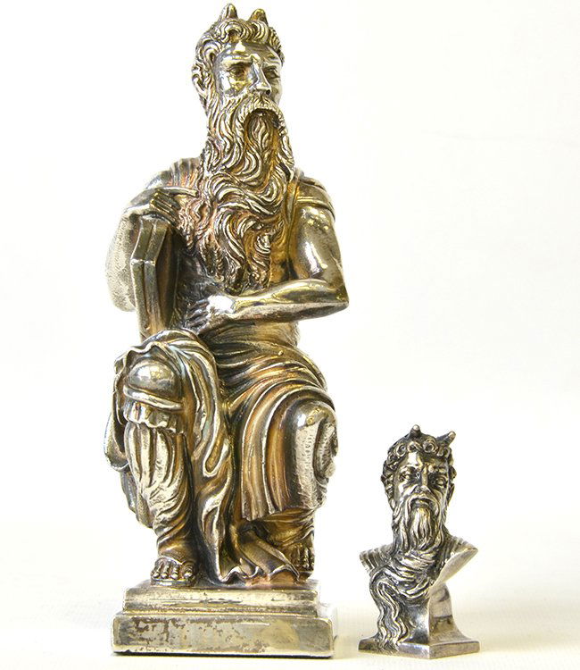 A Statue and Bust of Michelangelo's Moses: A Statue and Bust of Michelangelo's Moses, with a silver plated statue based on Michelangelo's 16th Century statue of Moses for St. Peter's, an small bust of statue marked 925 Camusso, the statue appx
