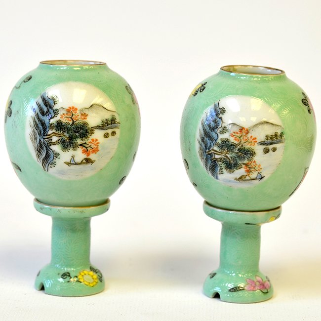 Pair of Miniature Chinese Porcelain Lanterns: Pair of Miniature Chinese Porcelain Lanterns, the green enameled lanterns with oval panels containing landscape, on similar pedestals, appx. 3 1/2 in. H.