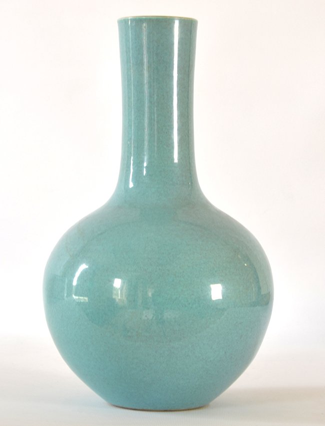 A Chinese Robin's Egg Glazed Vase: A Chinese Robin's Egg Glazed Vase, of bottle form, the base with Qianlong marks, with chip to glaze and repainting to lower body, appx. 12 3/4 in. H.