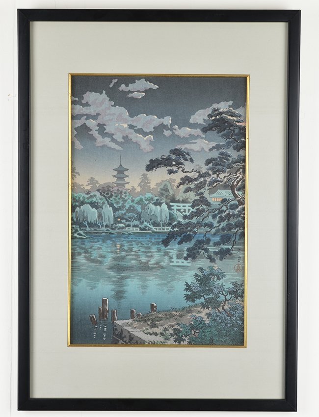 A Japanese Woodblock Print, Tsuchiya Koitsu: A Japanese Woodblock Print, Tsuchiya Koitsu, Ueno Shinobazu Pond, in frame appx. 22 1/2 in. H, 15 5/8 in. W.