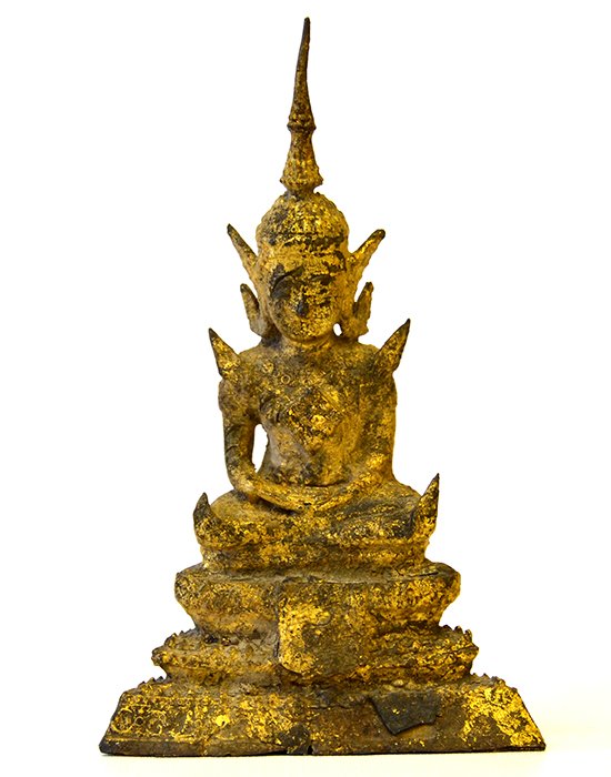 A Thai Gilt Bronze Buddha: A Thai Gilt Bronze Buddha, seated in dhyanasana with hands in dhyana mudra, with tall head dress and ornate robes, on a tiered stand, appx. 6 3/8 in. H.