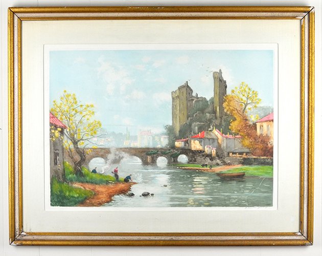 Lithograph of a Maurice Levis (1840-1960) Painting: Lithograph of a Maurice Levis (1840-1960) Painting, with a river scene, signed "Maurice Levis" to the lower right, appx. 26 3/4 in. H, 34 1/4 in. W.