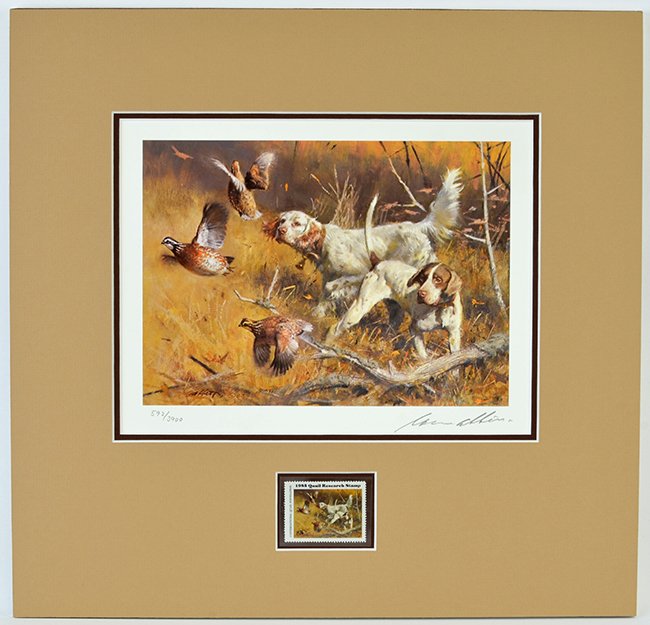 Robert K. Abbett (b. 1926), Bobwhite Quail: Robert K. Abbett (b. 1926), Bobwhite Quail, 1985 Research Stamp Print published by The International Quail Foundation, Inc., Color lithograph, 8 x 10 Â½ inches (sight), Numbered 592/3,900, signed lo