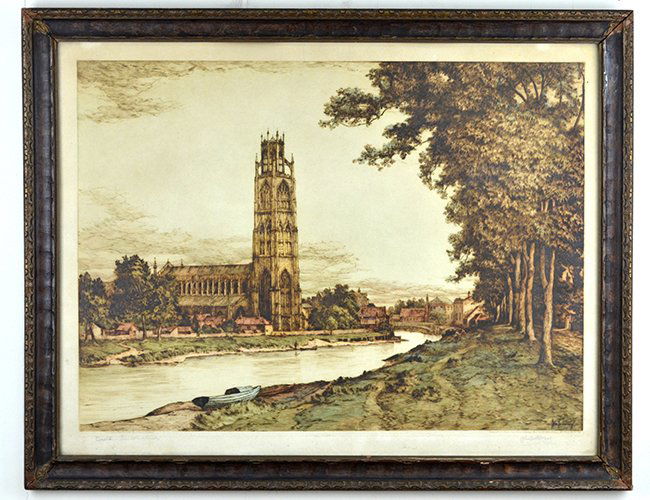 A Hand Colored Mezzotint of Boston, Lincolnshire: A Hand Colored Mezzotint of Boston, Lincolnshire, issued by Alfred Bell and copyrighted by Albert Scwarz & Sons, New York, signed "John Wood" to the lower right, appx. 21 7/8 in. H, 27 1/2 in. W.