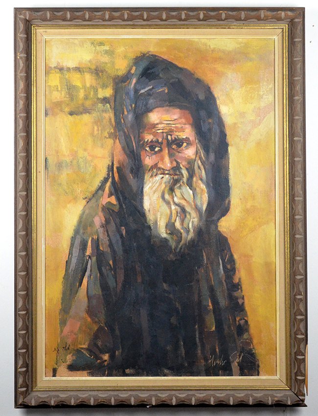 A Moshe Gat Oil Painting of an Old Man: A Moshe Gat Oil Painting of an Old Man, oil on canvas, signed "Moshe Gat" to the lower right, appx. 33 1/2 in. H, 24 1/2 in. W.