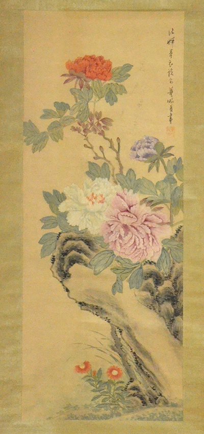 Dong Wanzhen (1776-1849), Flowering Peonies: Dong Wanzhen (1776-1849), Flowering Peonies, the painting of a rocky crag with flowering peonies with inscription and one seal, mounted on hanging scroll, damage to scroll at top, the painting appx. 3
