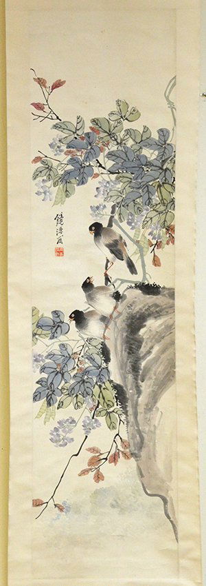 Mai, Zhi Quan, Birds in a Landscape: Mai, Zhi Quan, Birds in a Landscape, the painting of three birds perched on branches with flowering prunus and leaves, with inscription and one seal, on hanging scroll, the painting appx. 52 in. H, 13