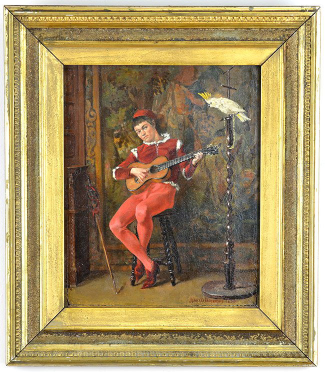 John W. Dunsmore, "The Duet," Oil: John W. Dunsmore, "The Duet," Oil, John Ward Dunsmore (American 1856-1945), Guitarist with Cockatoo, 1883, Oil on panel, 10 x 7 ¾ inches, Signed and dated lower right: John W. Dunsmore, with 1883 Bos