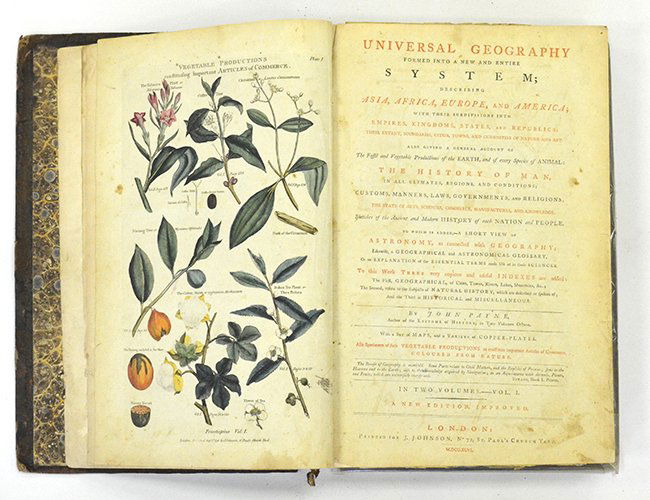 John Payne, "Universal Geography", 1796: John Payne, "Universal Geography", 1796, the new edition in two volumes describing Asia, Africa Europe and America, including a variety of maps and hand colored copper plates, with toning on pages, te