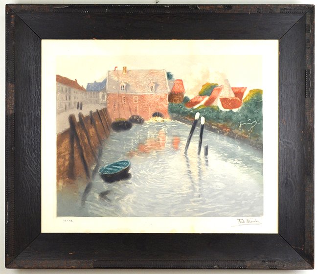 A Frits Thaulow (Norwegian, 1847-1906) Etching: A Frits Thaulow (Norwegian, 1847-1906) Etching, a color aquatint etching of a canal with water mill, signed and numbered in pencil "Frits Thaulow 32/78", appx. 22 in. H, 27 in. W.