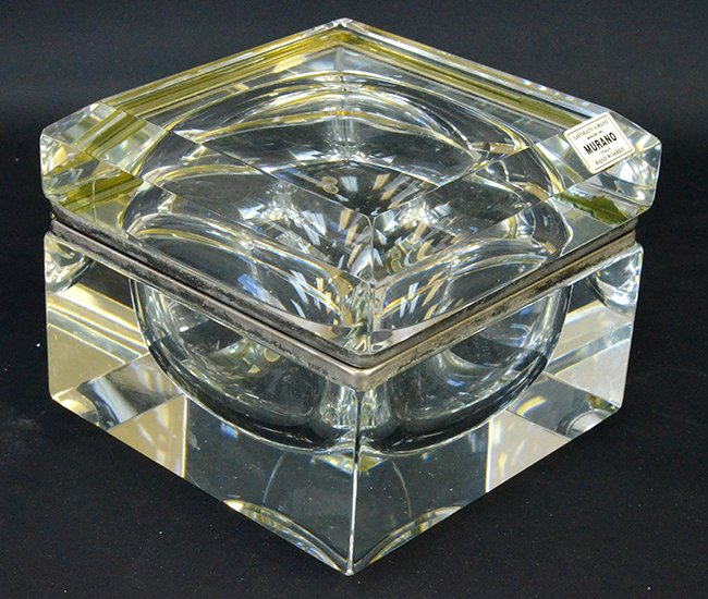 A Square Murano Glass Box with Hinged Lid: A Square Murano Glass Box with Hinged Lid, with silver border and hinge, appx. 5 in. H, 5 1/2 in. W.