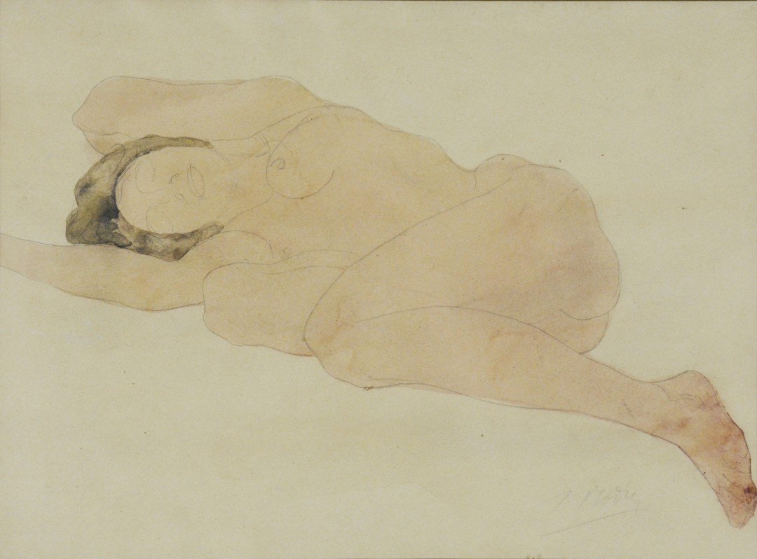 Auguste Rodin (?) (1840-1917), Reclining Nude: Auguste Rodin (?) French (1840-1917), Reclining Nude, watercolor and graphite, bears signature "A. Rodin" to the lower right, approx. 23 by 30 1/2 cm, 9 by 12 in.
