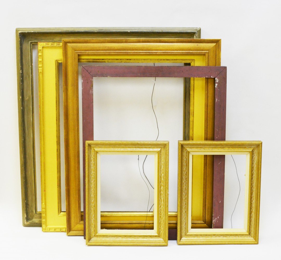A Lot of Six Painted and Gilt Wood Picture Frames: A Lot of Six Painted and Gilt Wood Picture Frames, one frame with gray paint, one frame with purple paint, two gilt wood frames and a pair of smaller gilt wood frames, approx. 37 1/2 by 85 cm, 14 3/4
