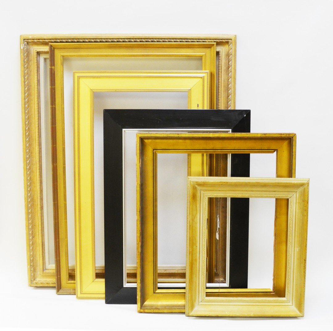 A Lot of Six Painted and Gilt Wood Picture Frames: A Lot of Six Painted and Gilt Wood Picture Frames, one frame carved with a linen matte, one frame with black paint, two frames with gilding and two frames with both paint and gilding, approx. 46 1/2 -